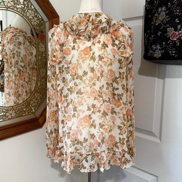 Zimmermann Cream Silk & Peach Floral Pattern Ruffled Long Sleeve Sheer Top 0/XS - Picture 6 of 8